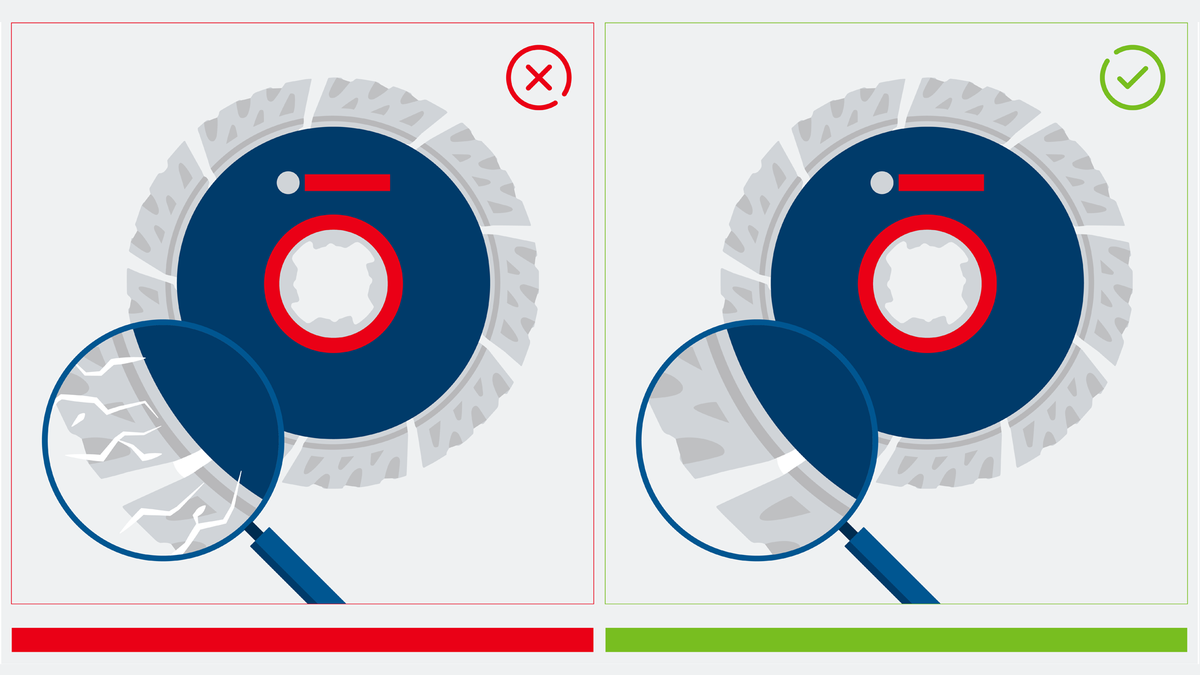 Object #200382365: FAQ_Illustrations_DiamondCuttingDisc_Illu_1.2 放大鏡檢查切割盤,比較磨損和完好的刀刃。.