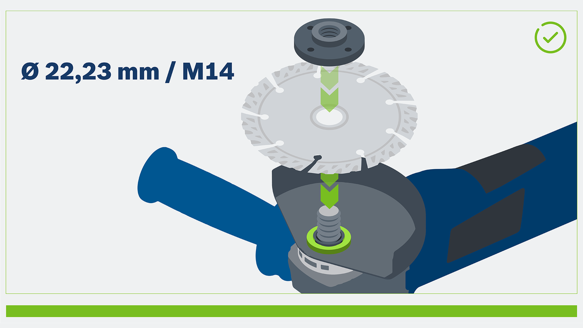 Object #200382368: FAQ_Illustrations_DiamondCuttingDisc_Illu_1.5.1 鑽石鋸片安裝在帶有手柄的角磨機上。.