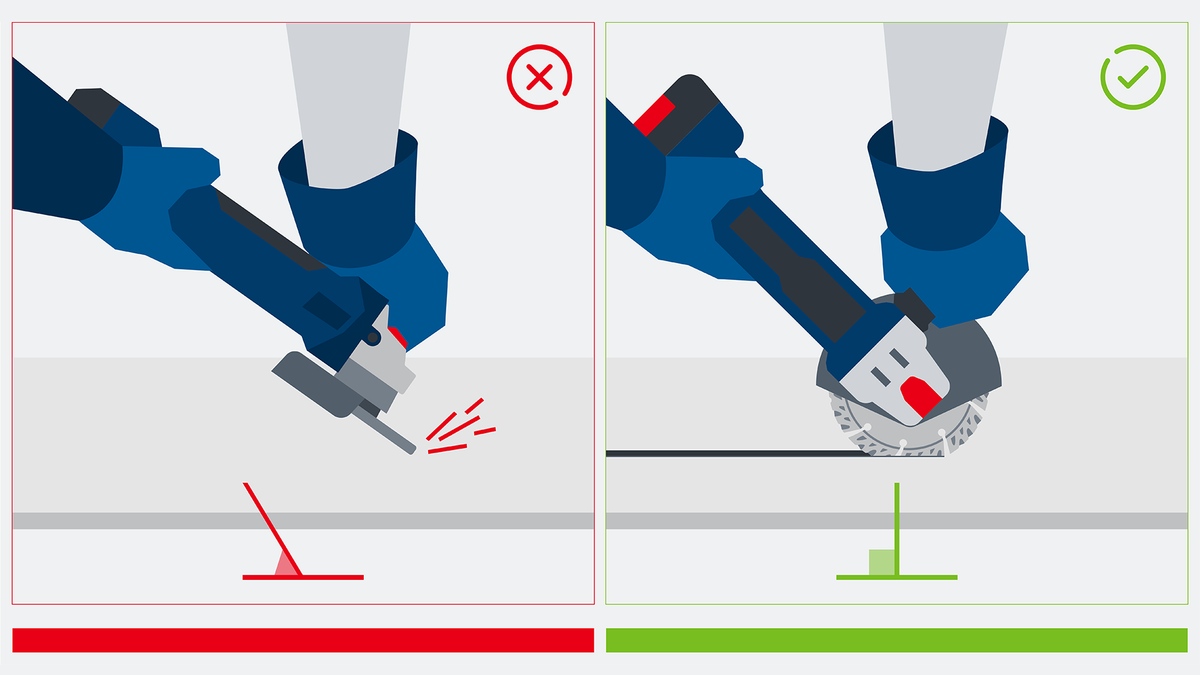 Object #200382384: FAQ_Illustrations_DiamondCuttingDisc_Illu_1.17 配戴安全設備的人員正確使用角磨機切割直線。.