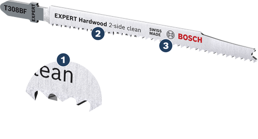 BoschExpert 硬木雙面清潔曲線鋸片。