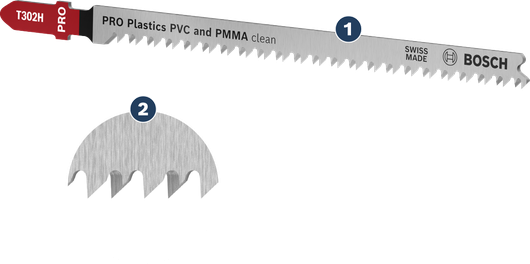 BoschT302H 曲線鋸片，可乾淨俐落地切割 PVC 和 PMMA。