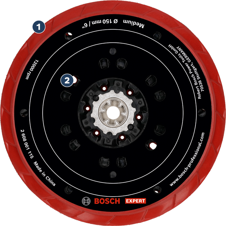 Bosch中型 150 毫米砂磨墊,搭配紅色邊緣。