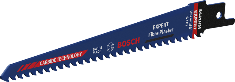 適用於切削纖維石膏板材料,使用壽命長 Bosch EXPERT Fiber Plaster S 641 HM 往復鋸片。
