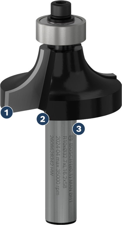 Bosch圓角銑刀，附滾珠軸承導引裝置。