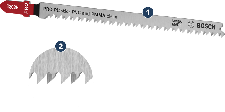 BoschT302H 曲線鋸片，可乾淨俐落地切割 PVC 和 PMMA。
