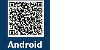 藍色背景上的黑白QR碼，下面有白色文字的'Android'。