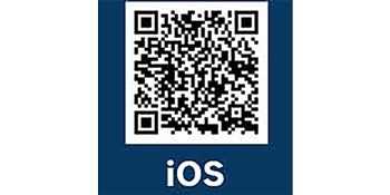 一個黑白的 QR 碼位於藍色背景中央，下面有文字 'iOS'.