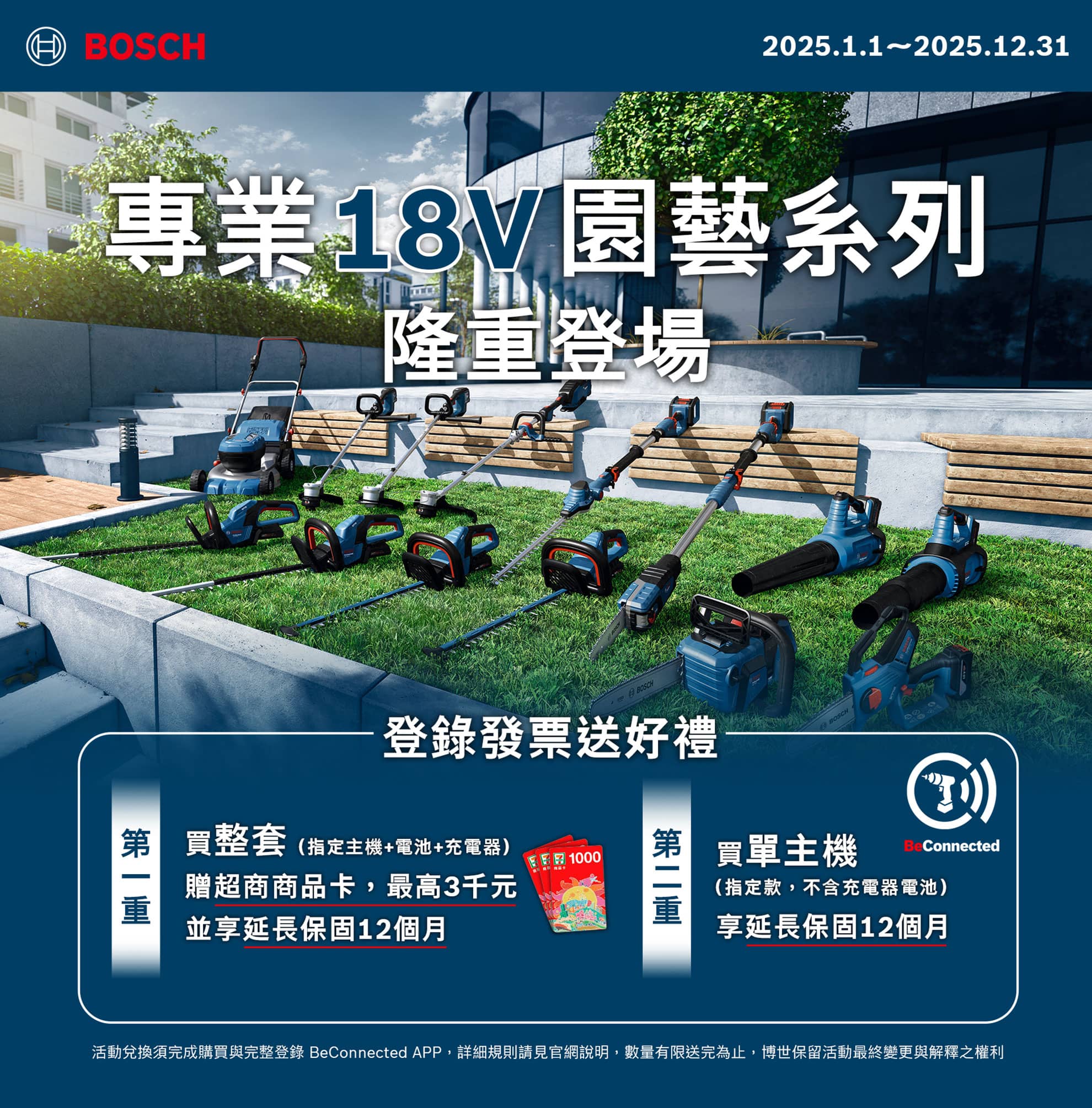 博世專業18V園藝工具展示在現代環境中的綠色草地上。