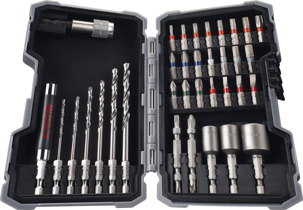 盒裝Bosch43 件鑽頭和螺絲起子頭套裝。.