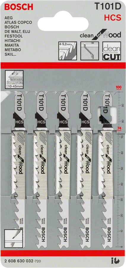 Bosch 101 D 型曲線鋸片套裝，用於乾淨俐落地切割木材。