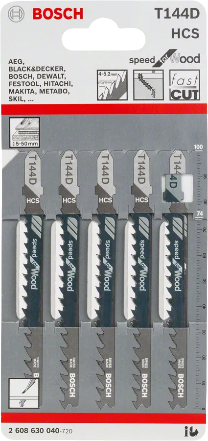 Bosch 144 D 型曲線鋸片，快速切割木材。