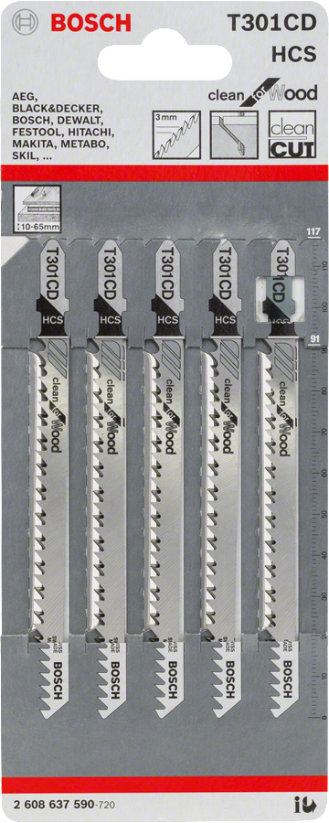 Bosch 301 CD 型曲線鋸片，用於乾淨俐落地切割木材。