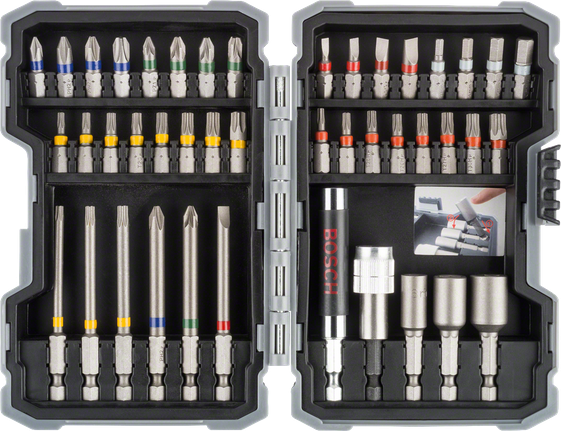 Bosch件衝擊螺絲起子頭套裝，搭配顏色編碼的頭。.