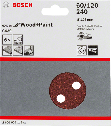 適用於偏心砂磨機的C430砂紙,Expert for Wood and Paint,125 mm直徑,8孔 Bosch砂紙 125 毫米,6 件裝。.