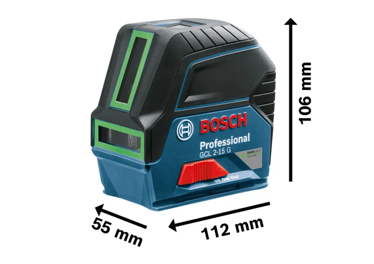 Bosch 2-15 G 組合雷射器，尺寸如圖所示。.