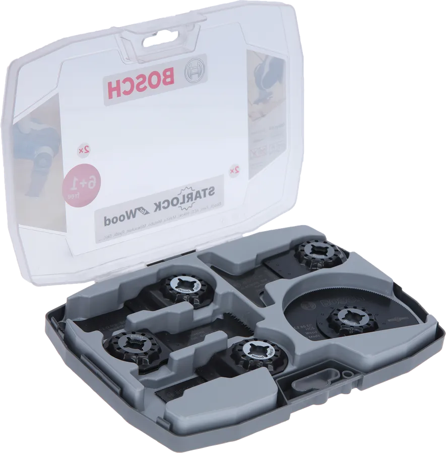 Bosch木工套裝，多功能工具刀片裝在工具箱中。