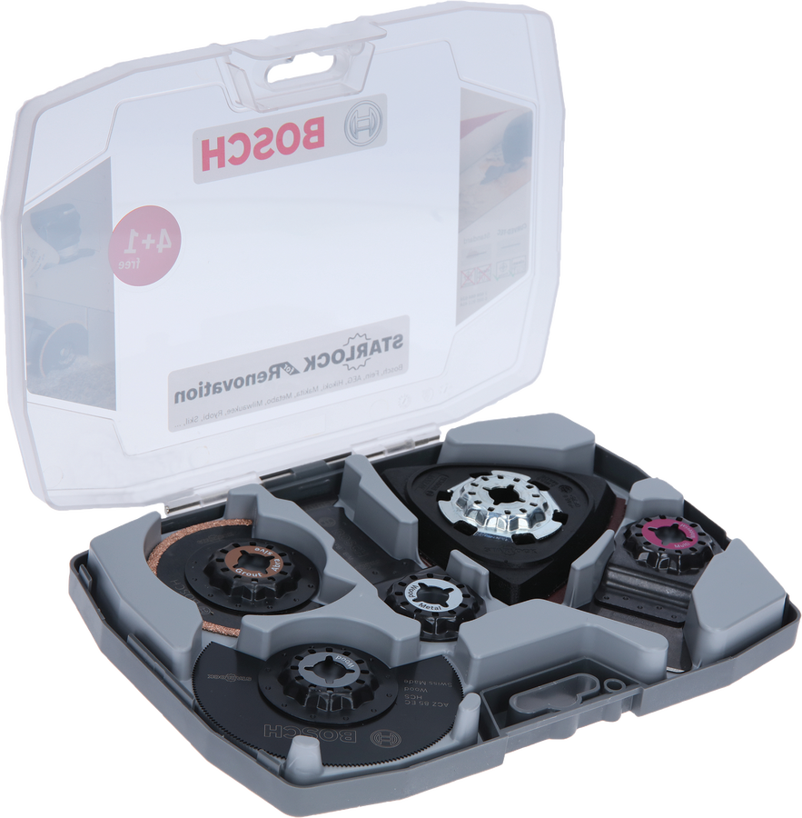 Bosch翻新套裝，配有鋸片和砂紙盤。