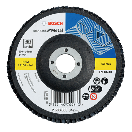 砂布輪 Standard for Metal,直式版本EN 13743 Bosch100 毫米金屬用百葉輪,粒度 60。.