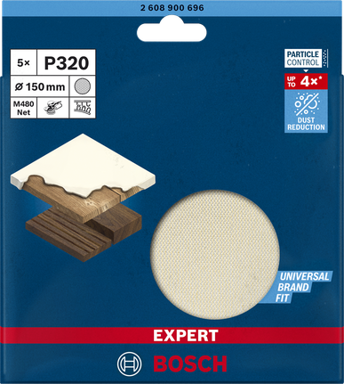 超耐久集塵砂紙-M480砂磨網,適用於偏心拋光機 150 mm,G 320 5 件 Bosch EXPERT M480 P320 150 毫米打磨網。