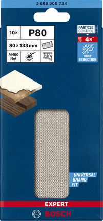 超耐久集塵砂紙-M480 砂磨網適用於軌道拋光機 80 x 133 mm,G 80,10 件 Bosch M480 砂磨網 80×133mm P80