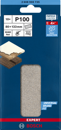 超耐久集塵砂紙-M480 砂磨網適用於軌道拋光機 80 x 133 mm,G 100,10 件 Bosch M480 砂磨網 80×133mm P100 10 件裝。