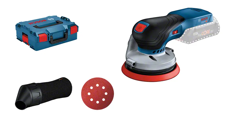 Bosch 18V-125 無線隨機軌道砂光機套件。