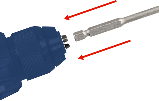 鑽頭插入卡盤，紅色箭頭表示移動。.