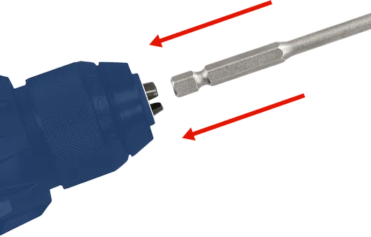 鑽頭插入卡盤，紅色箭頭表示移動。.