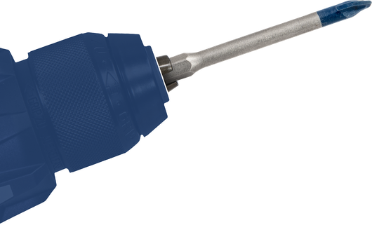 附有藍色頭螺絲起子頭的無線電鑽。.