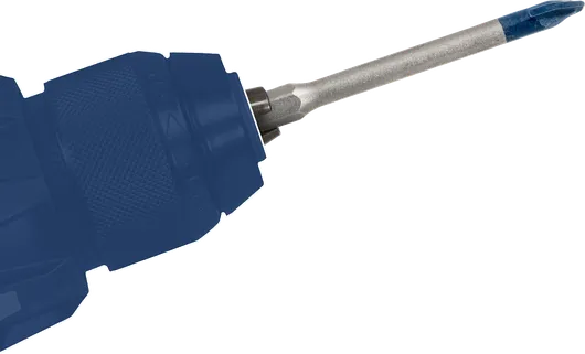 附有藍色頭螺絲起子頭的無線電鑽。.