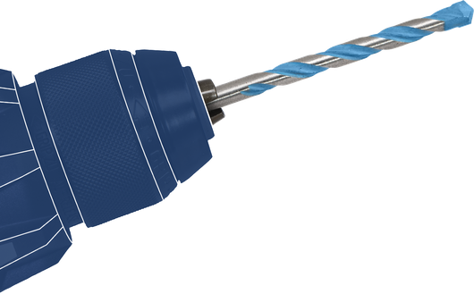 鑽夾頭上裝有藍色尖端的螺旋鑽頭。.