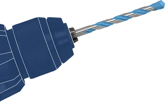 鑽夾頭上裝有藍色尖端的螺旋鑽頭。.