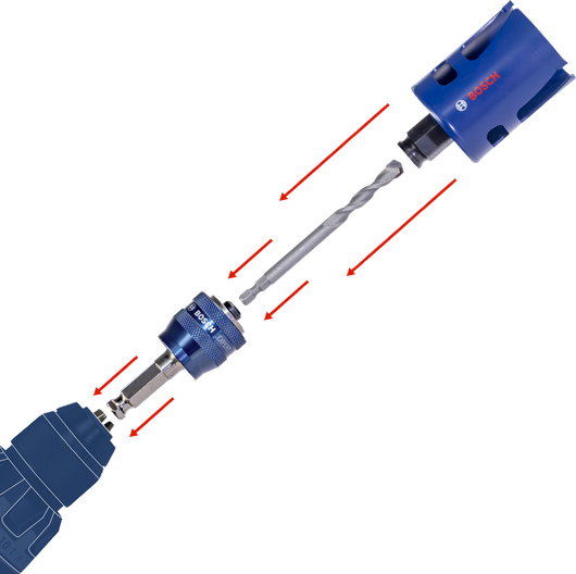 一把配有開孔器和專用鑽頭的電鑽，用於切割圓形孔。