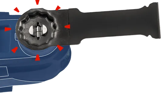 側把手附件固定在藍色電動工具上。.