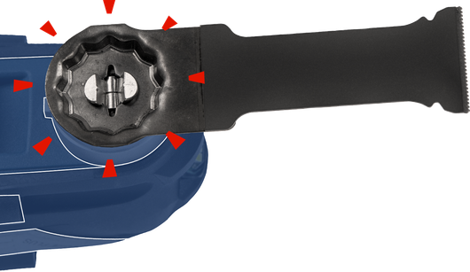 側把手附件固定在藍色電動工具上。.