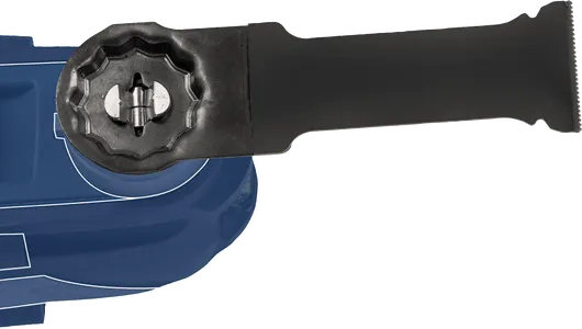 黑色輔助手把安裝在藍色電動工具外殼上。.