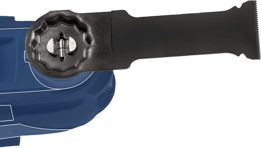 黑色輔助手把安裝在藍色電動工具外殼上。.