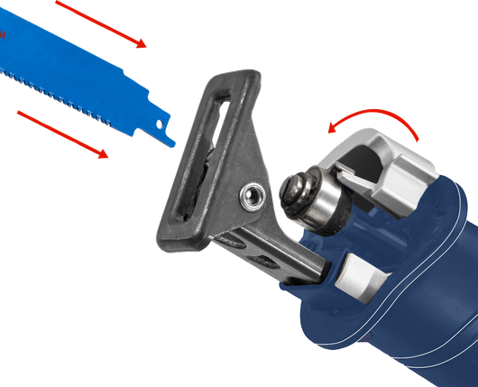 帶有可拆卸藍色刀片的往復鋸已定位以便安裝。.