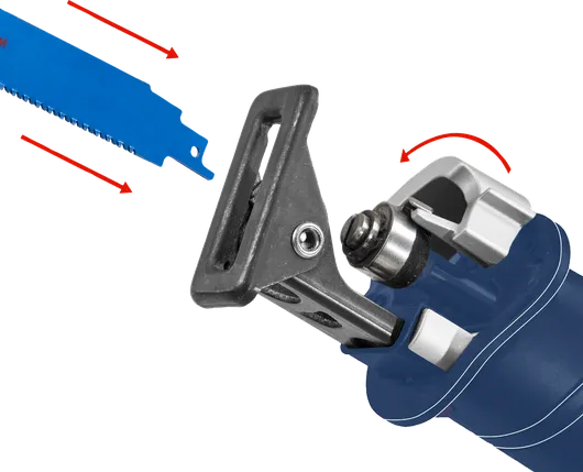 帶有可拆卸藍色刀片的往復鋸已定位以便安裝。.