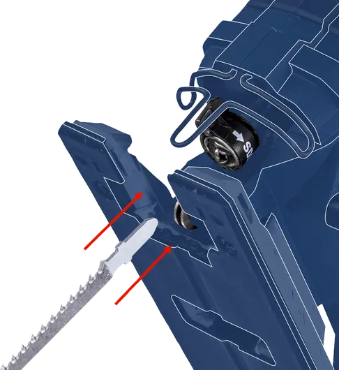 拼圖鋸刀片被插入帶有輪廓組裝指南的工具中。.