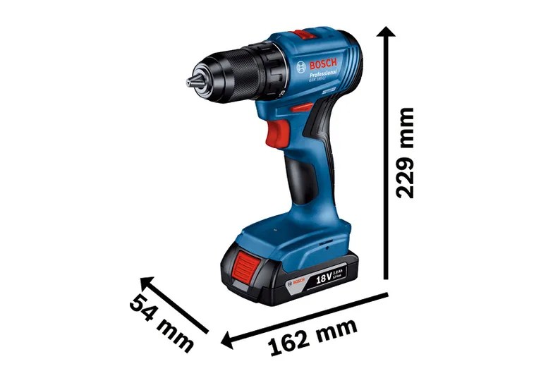 Bosch GSR 185-LI 無線電鑽，尺寸為 18V 2.0Ah。.