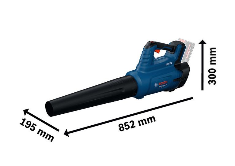 BoschGBL 18V-750 無線吹葉機，尺寸規格。