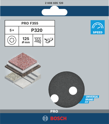 PRO F355 專業款砂磨砂輪片,125 mm,G320,5 件組 Bosch PRO F355 砂磨片 125 毫米 P320 5 件.
