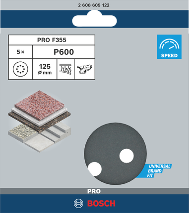 PRO F355 專業款砂磨砂輪片,125 mm,G600,5 件組 Bosch PRO F355 砂磨片 125 毫米 P600 5 件.
