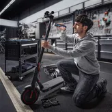 一個人跪下來，用無線螺絲起子修理電動滑板車。.