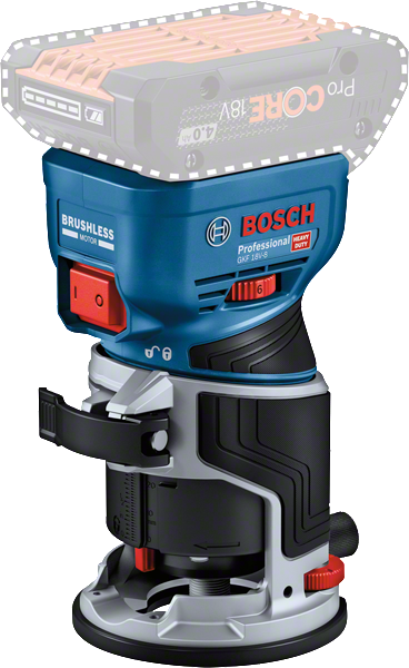 Bosch 18V-8 無線掌上路由器，配備無刷馬達。.