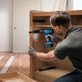 配戴安全設備的人員使用無線電鑽安裝抽屜滑軌。.