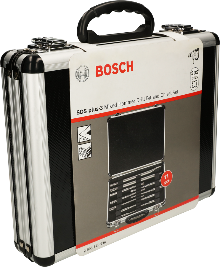 Bosch plus-3 11 件組衝擊鑽頭和鑿子套裝盒。