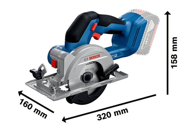 Bosch 18V-44 無線圓鋸，附尺寸說明。