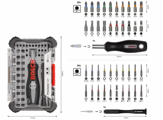 Bosch精密螺絲起子頭套裝 42 件，裝於緊湊型工具箱中。